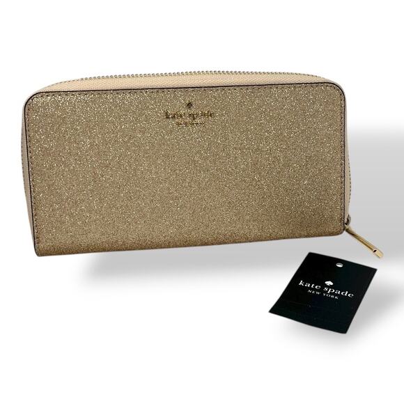 Kate Spade Glimmer Large Continental Wallet Gold Glitter Zip $249 Retail NWT - Picture 1 of 9